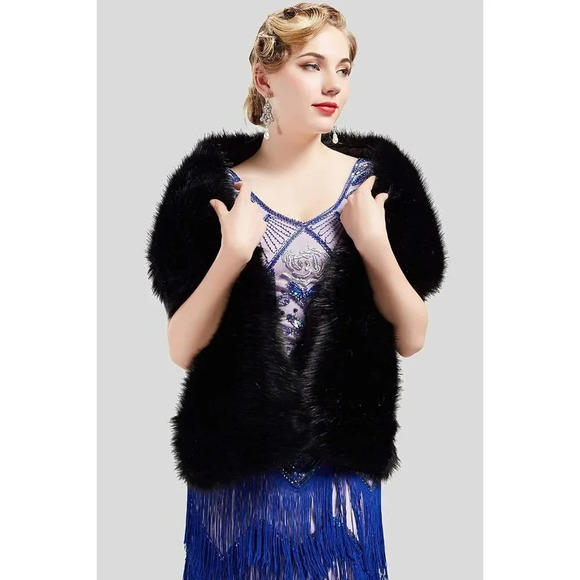 Babeyond Womens Large Faux Fur Collar Shawl Wrap cape Winter  Coat - Black - Picture 2 of 5